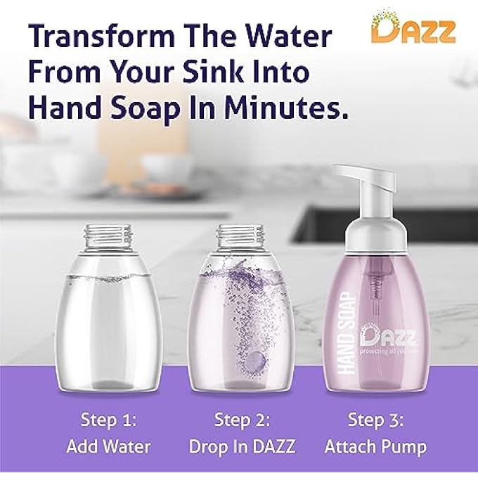 Dazz FOAMING HAND SOAP WHOLE HOUSE STARTER KIT (3 REUSABLE FOAMING BOTTLE DISPENSERS, 6 TABLET PACKETS) LIQUID HAND WASH, NATURALLY SAFE & NON TOXIC, RICH LATHER, LAVENDER LEMON SCENT - Image 3